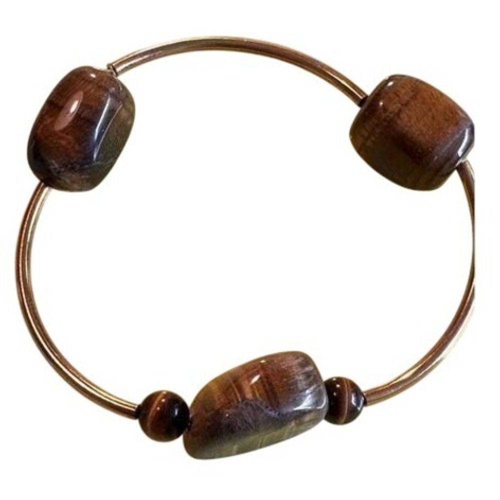 Tigers Eye Gold Tone Bangle Bracelet Polished Natural Stone Gemstone